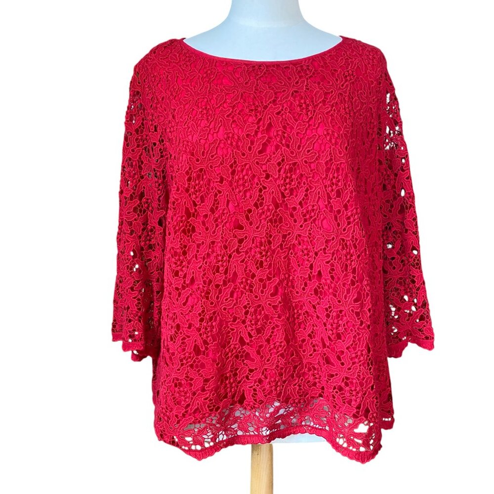 Talbots Red Scroll Floral Lace Overlay Top 3/4 Sleeve Scalloped Whimsigoth-18W - Picture 7 of 15